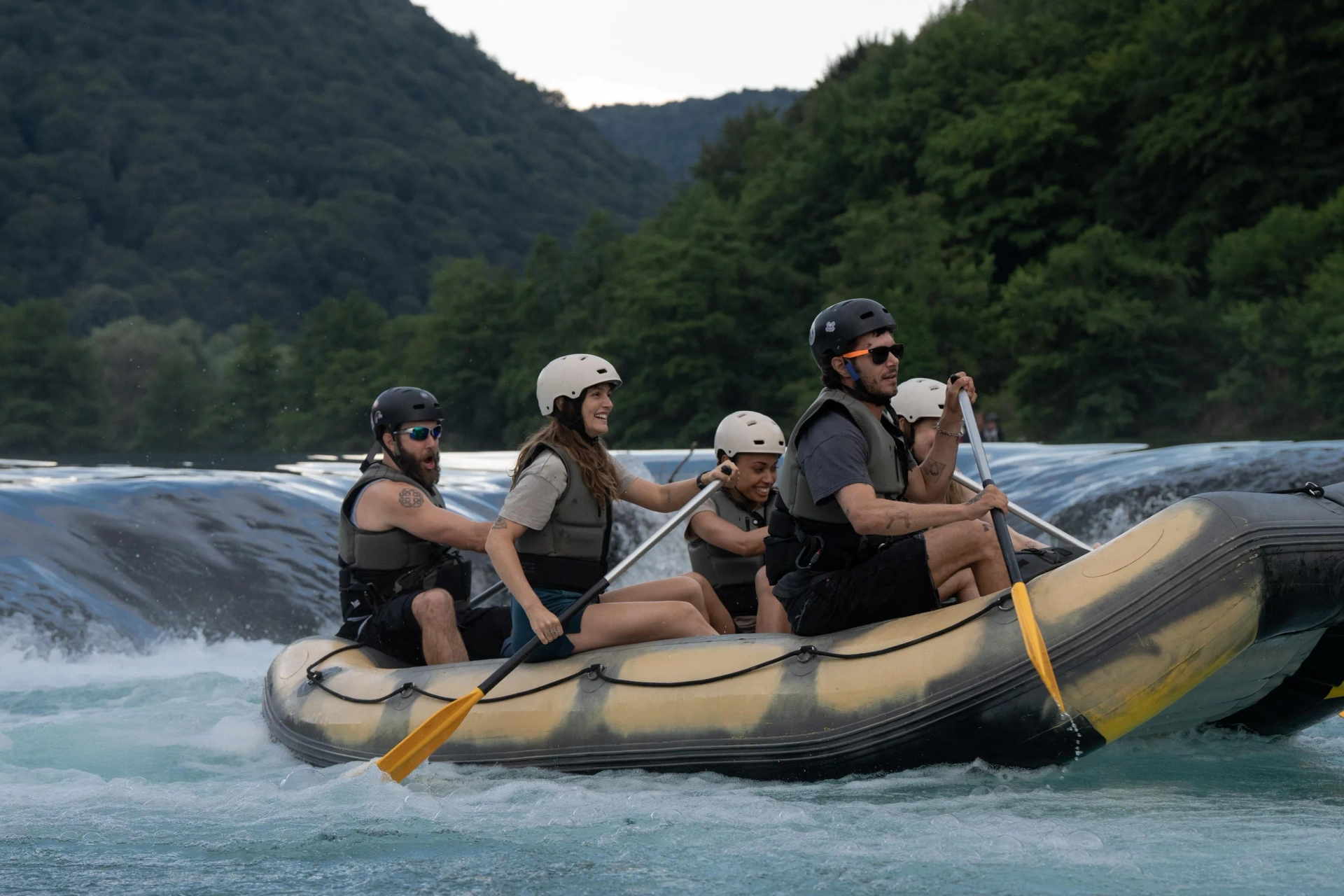 Adam Brody, Taran Killam, and Leighton Meester in River Wild (2023)