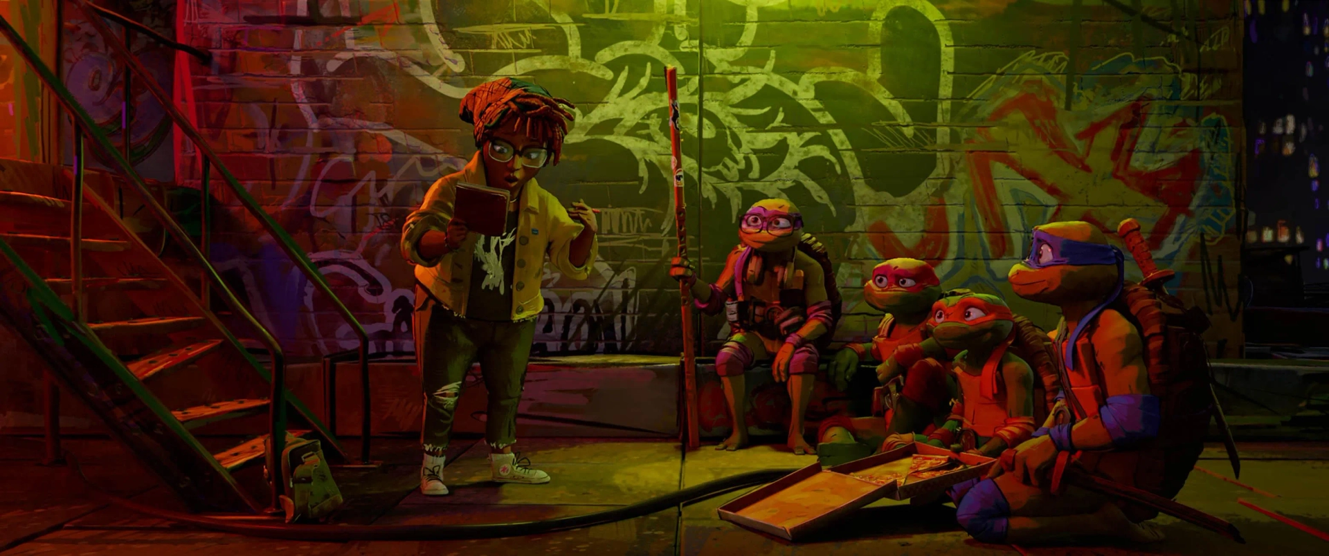 Brady Noon, Nicolas Cantu, Shamon Brown Jr., Ayo Edebiri, and Micah Abbey in Teenage Mutant Ninja Turtles: Mutant Mayhem (2023)