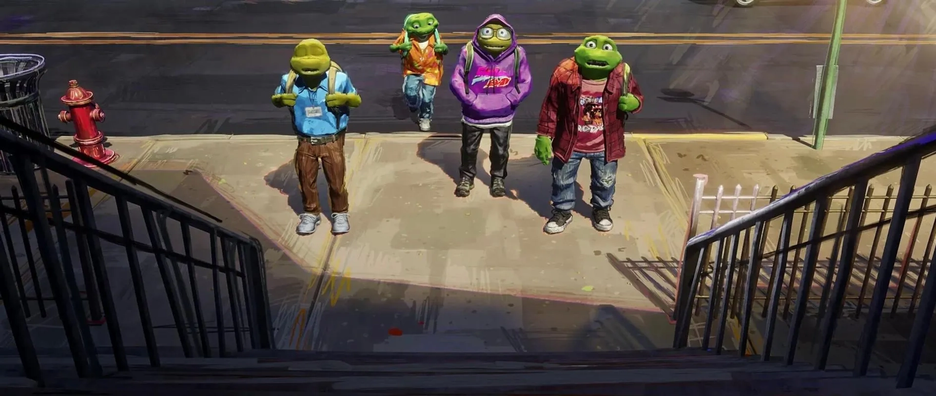 Brady Noon, Nicolas Cantu, Shamon Brown Jr., and Micah Abbey in Teenage Mutant Ninja Turtles: Mutant Mayhem (2023)