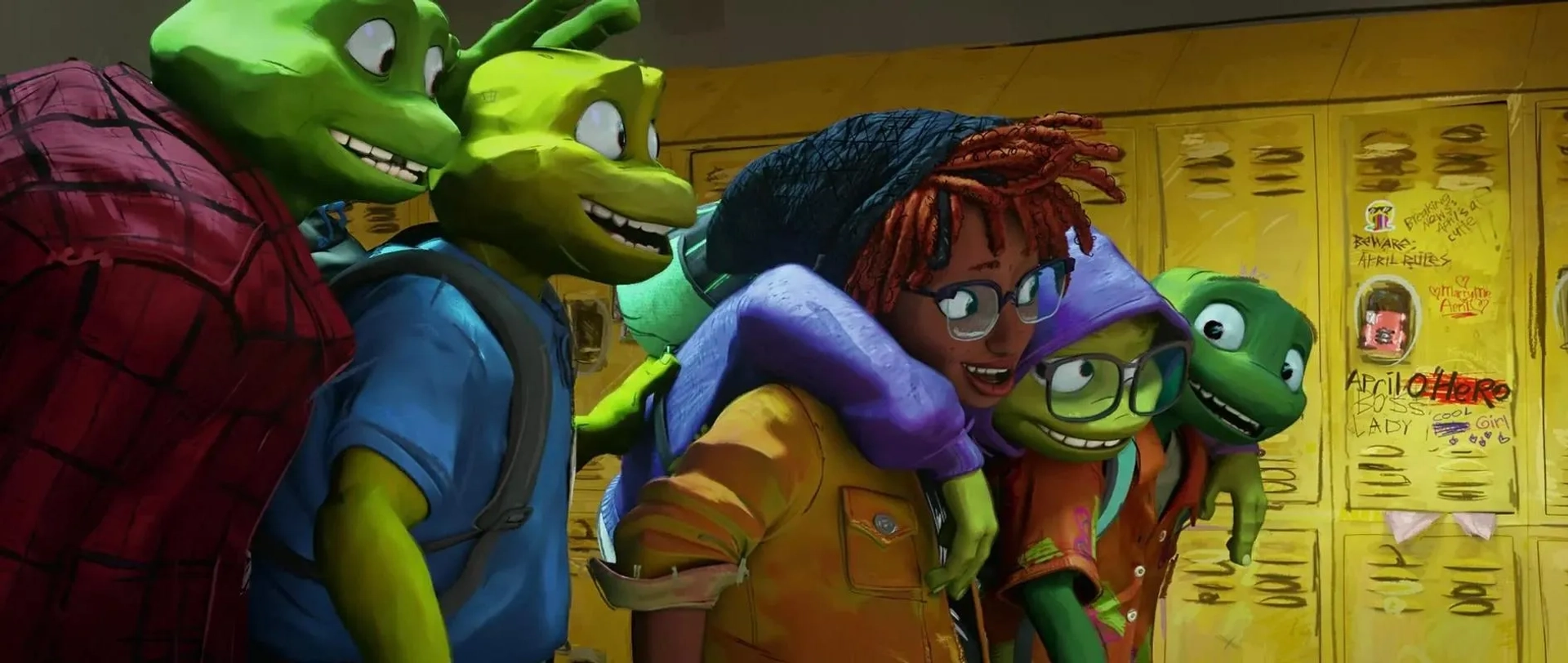 Brady Noon, Nicolas Cantu, Shamon Brown Jr., Ayo Edebiri, and Micah Abbey in Teenage Mutant Ninja Turtles: Mutant Mayhem (2023)