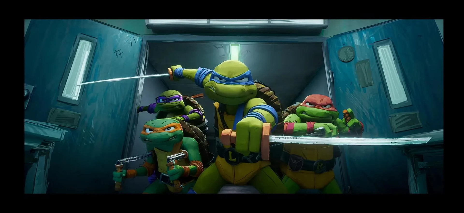 Brady Noon, Nicolas Cantu, Shamon Brown Jr., and Micah Abbey in Teenage Mutant Ninja Turtles: Mutant Mayhem (2023)