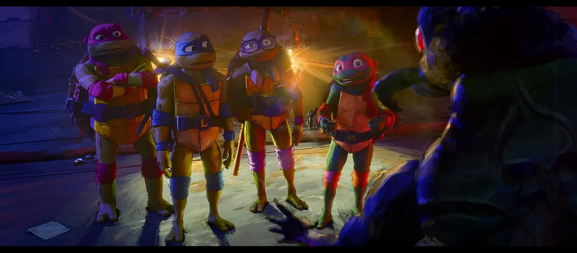 Ice Cube, Brady Noon, Nicolas Cantu, Shamon Brown Jr., and Micah Abbey in Teenage Mutant Ninja Turtles: Mutant Mayhem (2023)