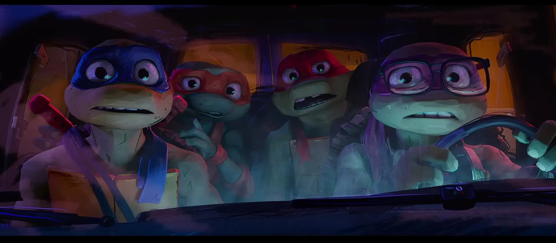 Brady Noon, Nicolas Cantu, Shamon Brown Jr., and Micah Abbey in Teenage Mutant Ninja Turtles: Mutant Mayhem (2023)