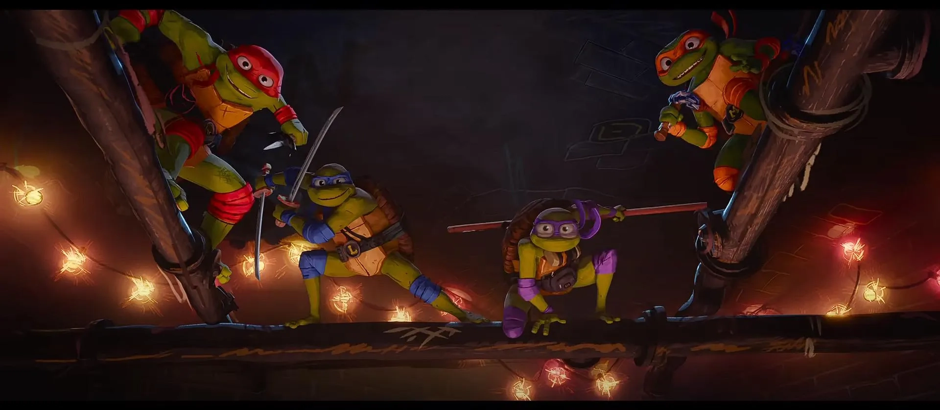 Brady Noon, Nicolas Cantu, Shamon Brown Jr., and Micah Abbey in Teenage Mutant Ninja Turtles: Mutant Mayhem (2023)