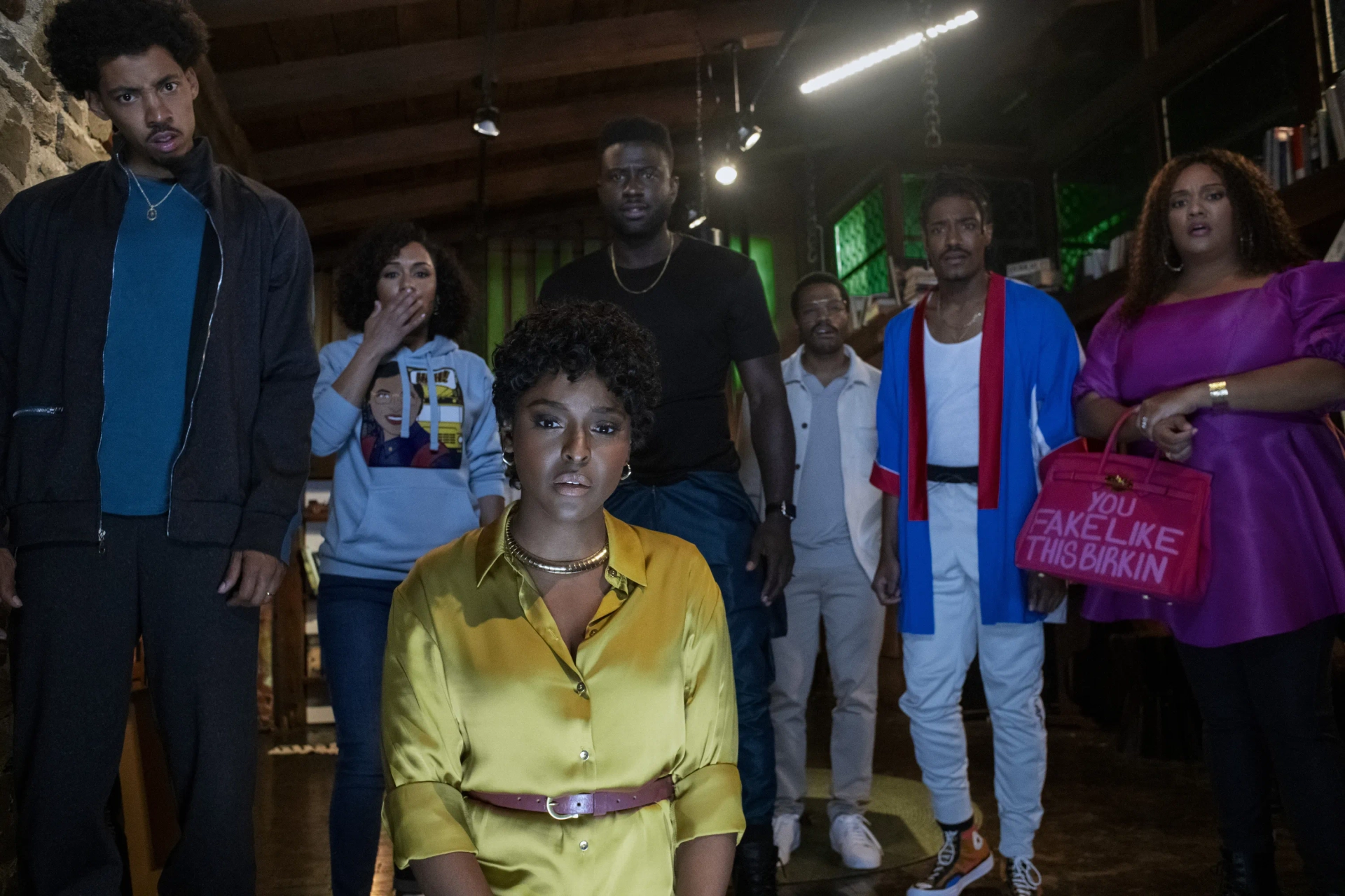 Jermaine Fowler, Sinqua Walls, Antoinette Robertson, Dewayne Perkins, Melvin Gregg, X Mayo, and Grace Byers in The Blackening (2022)