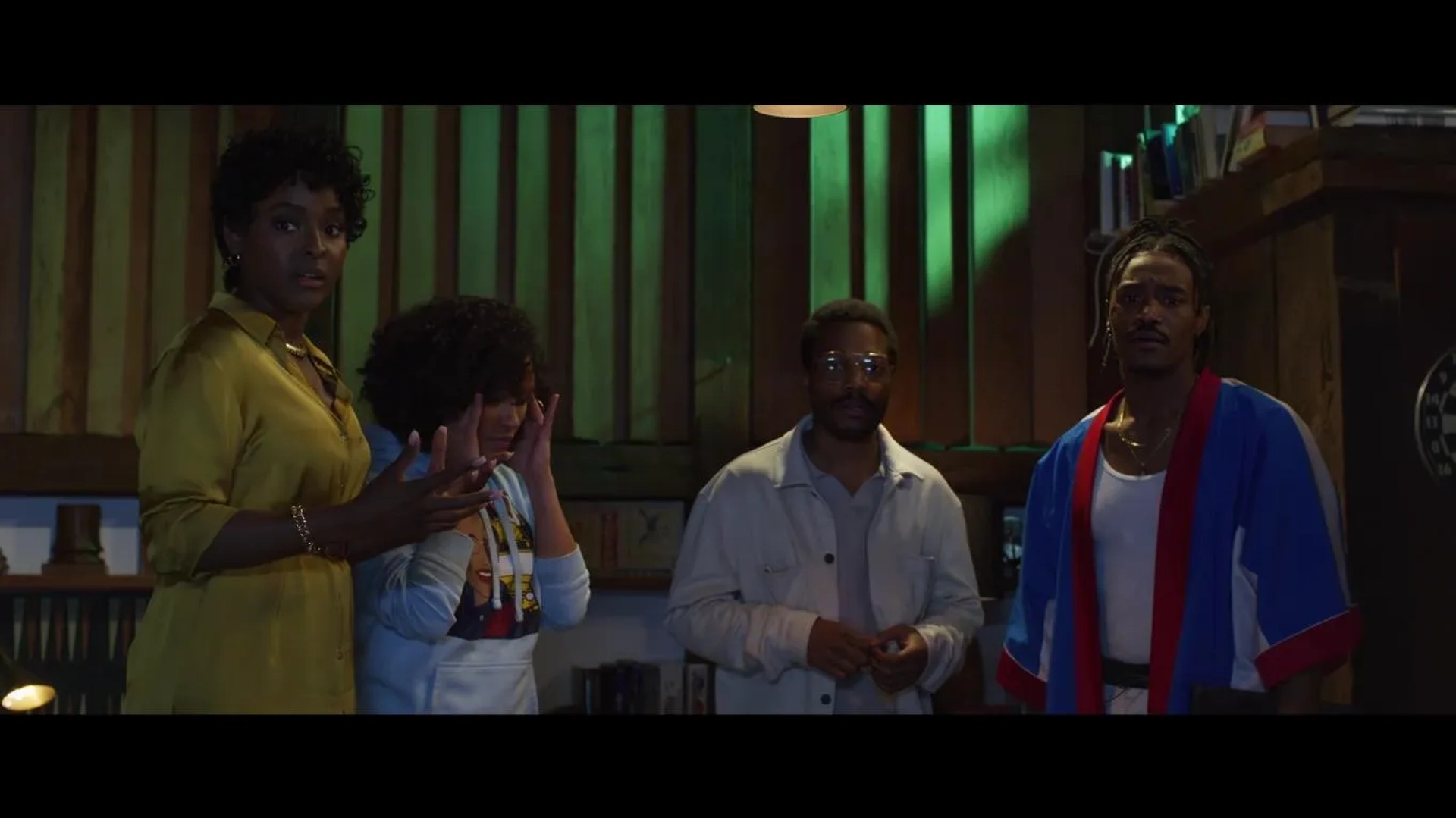 Jermaine Fowler, Antoinette Robertson, Dewayne Perkins, and Grace Byers in The Blackening (2022)