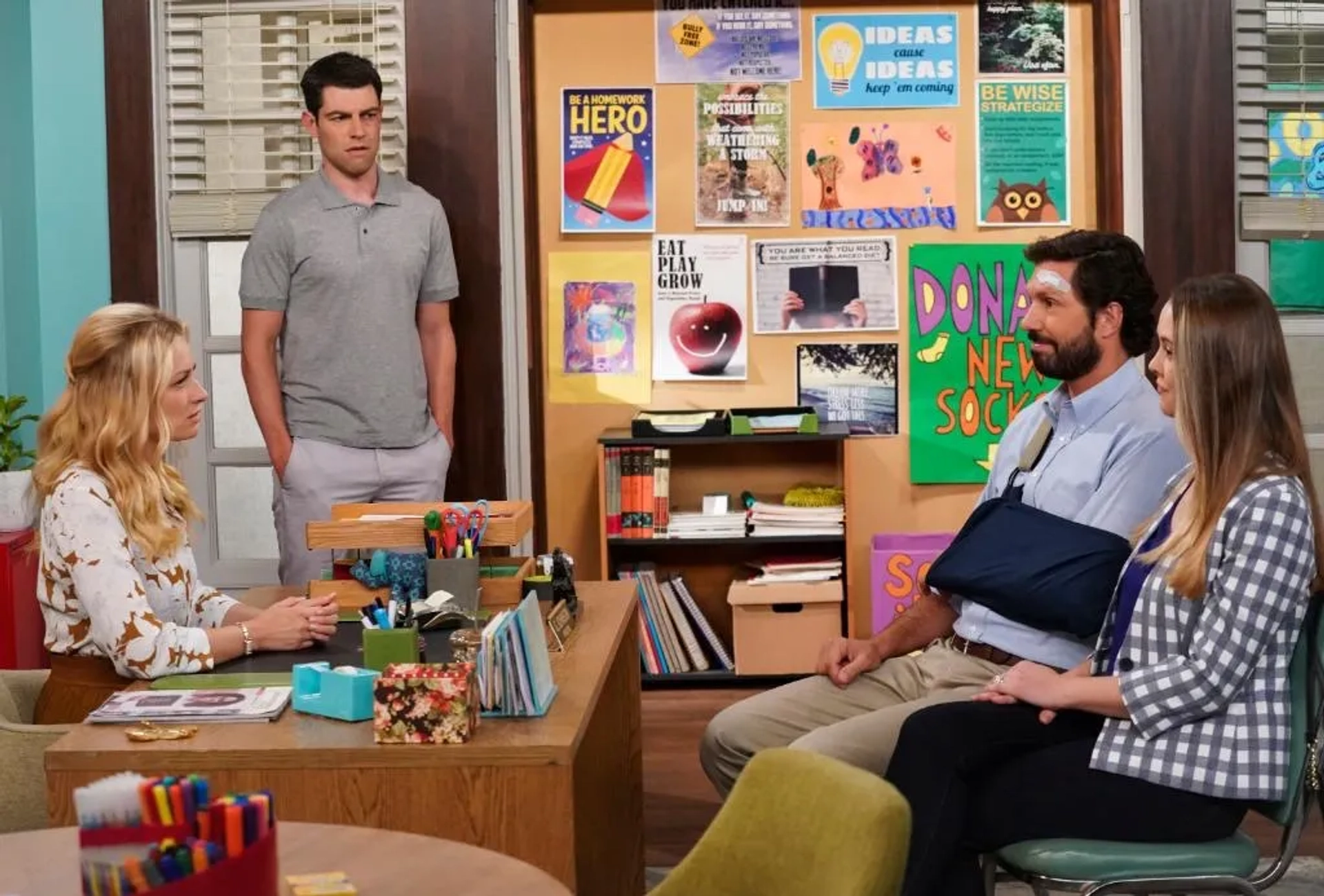 Max Greenfield, Brian Thomas Smith, Aynsley Bubbico, and Beth Behrs in The Neighborhood (2018)