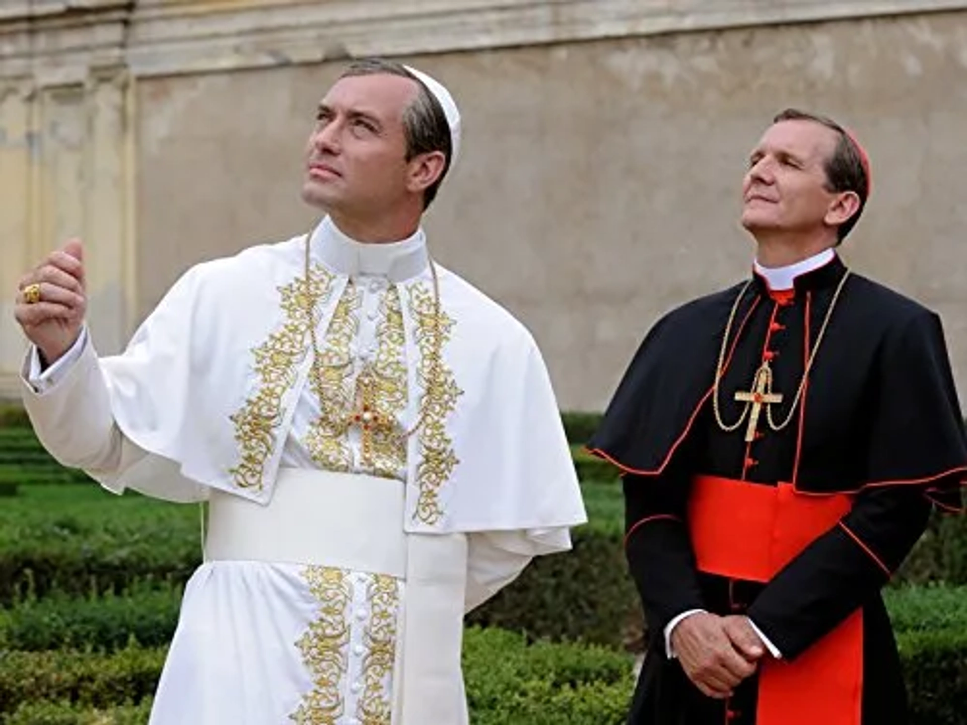 Jude Law and Sebastian Roché in The Young Pope (2016)