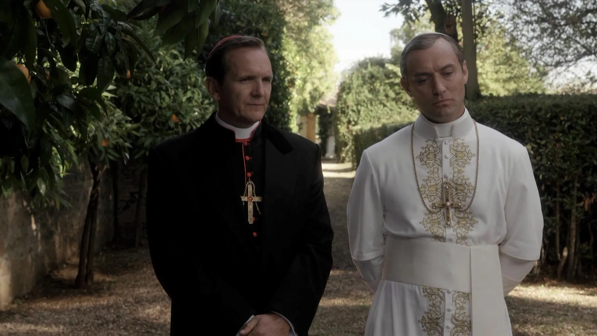 Jude Law and Sebastian Roché in The Young Pope (2016)