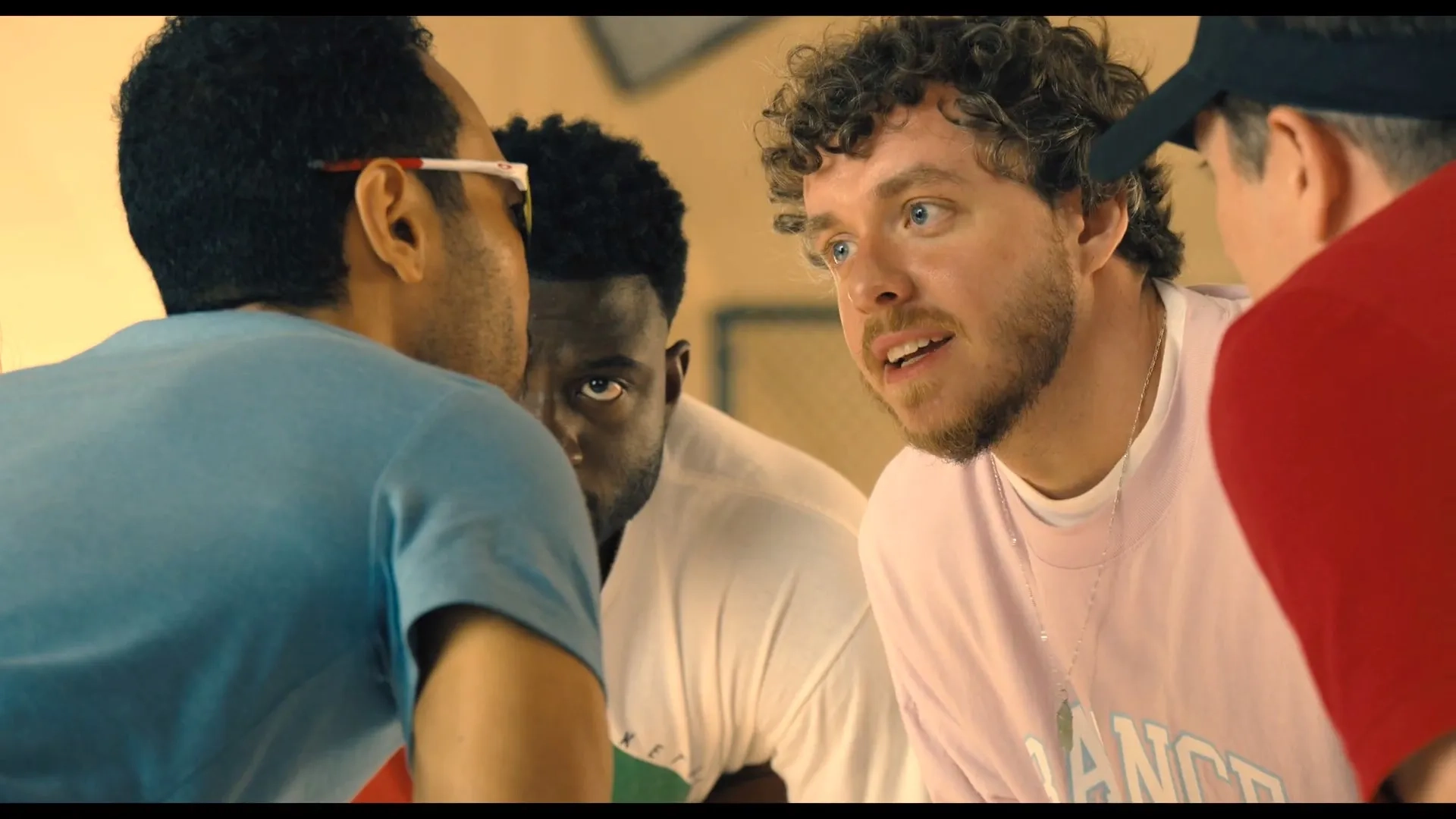 Still of Jack Harlow, Sinqua Walls, and Freddie Kuguru in "White Men Can't Jump"