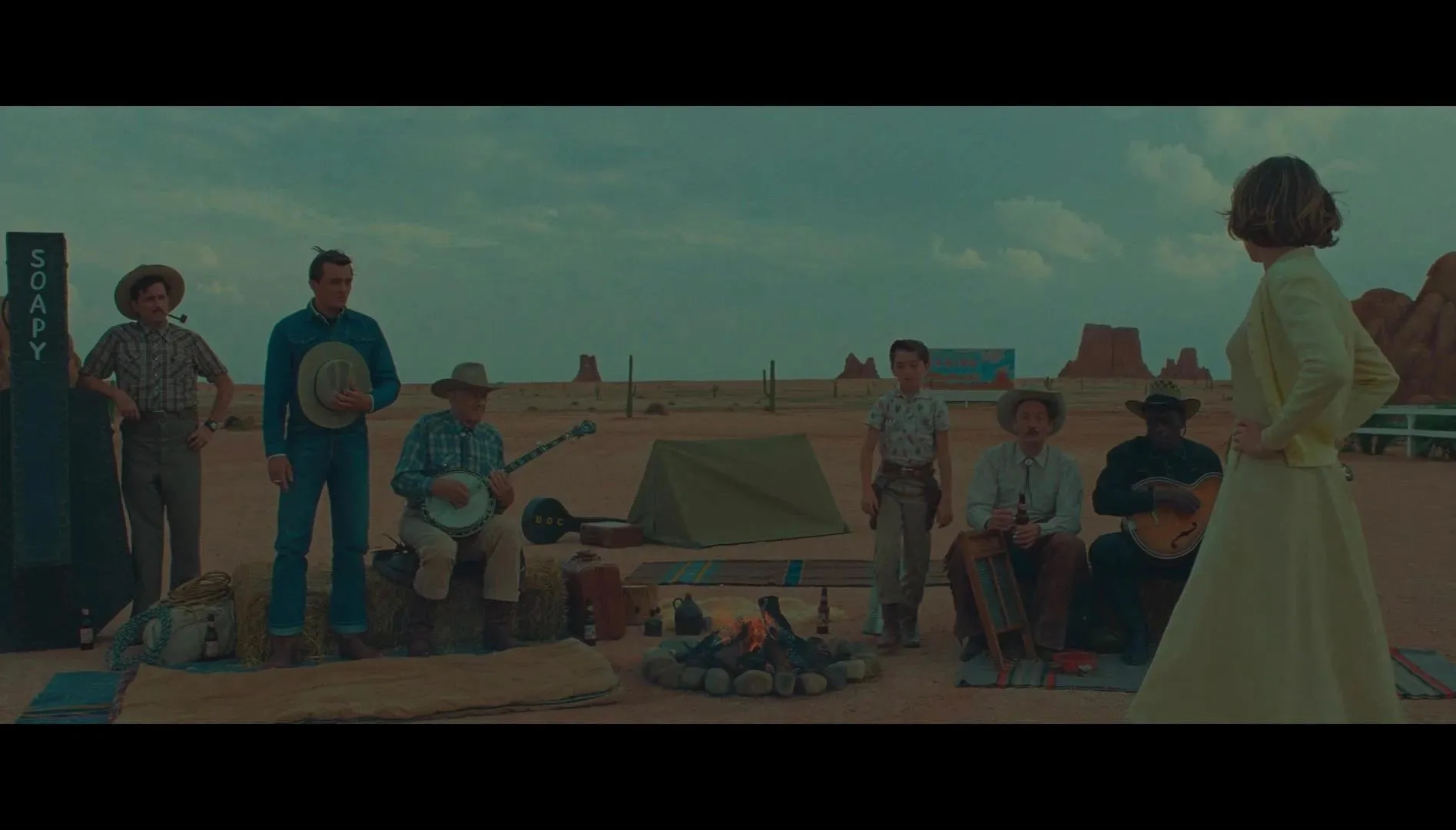 Seu Jorge, Maya Hawke, and Rupert Friend in Asteroid City (2023)