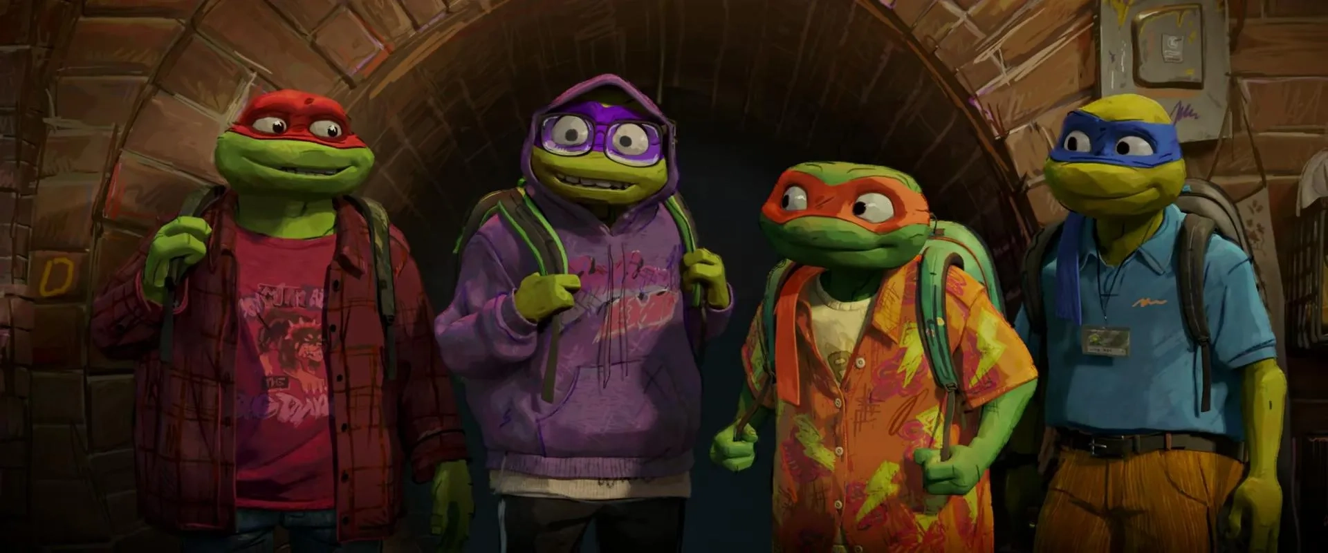 Brady Noon, Nicolas Cantu, Shamon Brown Jr., and Micah Abbey in Teenage Mutant Ninja Turtles: Mutant Mayhem (2023)