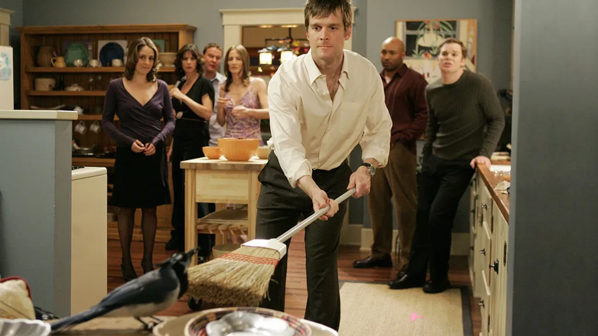 Rachel Griffiths, Michael C. Hall, Tina Holmes, Peter Krause, Sean O'Bryan, Anne Ramsay, and Mathew St. Patrick in Six Feet Under (2001)