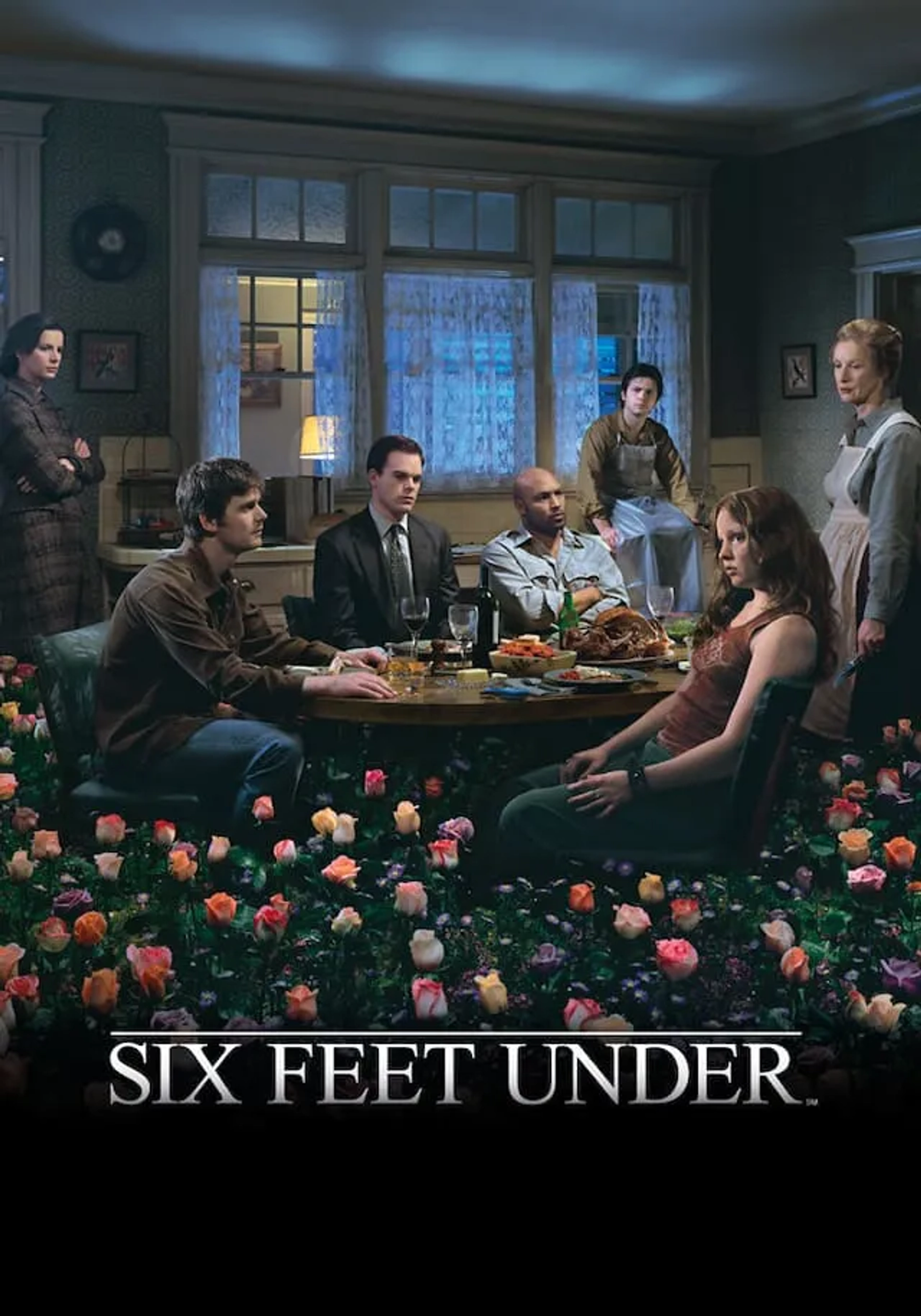 Lauren Ambrose, Freddy Rodríguez, Frances Conroy, Rachel Griffiths, Michael C. Hall, Peter Krause, and Mathew St. Patrick in Six Feet Under (2001)