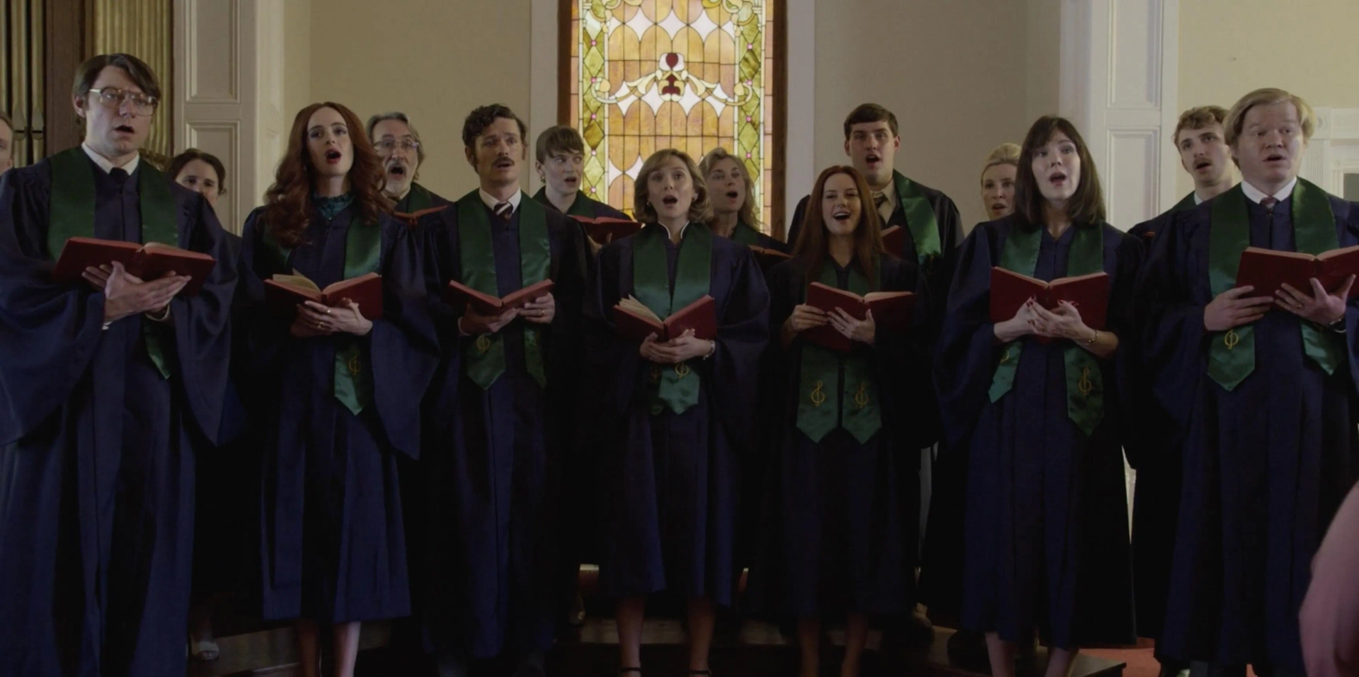 from left to right: Patrick Fugit, Krysten Ritter, Aaron Jay Rome, Elizabeth Olsen, Bonnie Gayle Sparks, Lily Rabe, Jesse Plemons