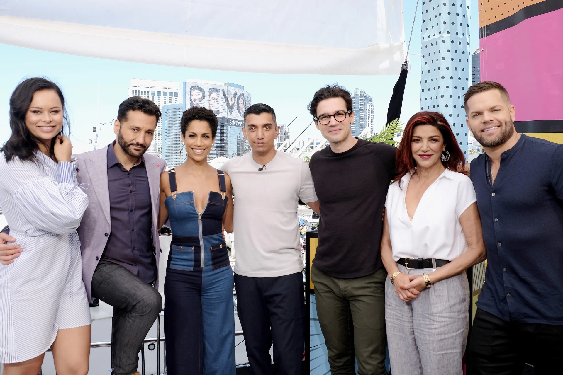 Shohreh Aghdashloo, Cas Anvar, Tim Kash, Wes Chatham, Steven Strait, Frankie Adams, and Dominique Tipper at an event for The Expanse (2015)