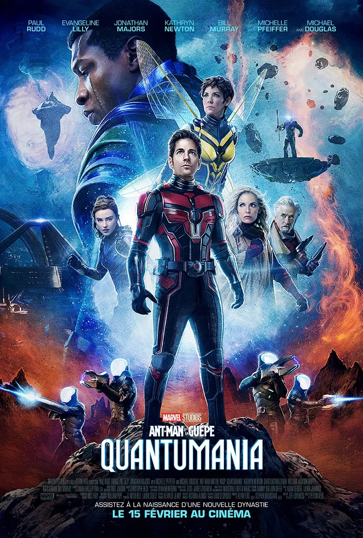 Michael Douglas, Michelle Pfeiffer, Paul Rudd, Kathryn Newton, Evangeline Lilly, Jonathan Majors, and Jamie Andrew Cutler in Ant-Man and the Wasp: Quantumania (2023)