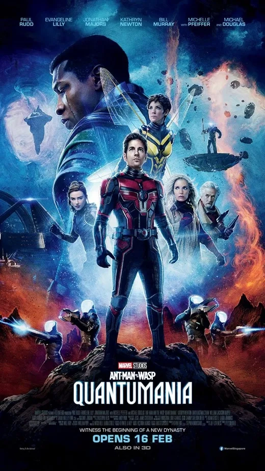 Michael Douglas, Michelle Pfeiffer, Paul Rudd, Kathryn Newton, Evangeline Lilly, Jonathan Majors, and Jamie Andrew Cutler in Ant-Man and the Wasp: Quantumania (2023)