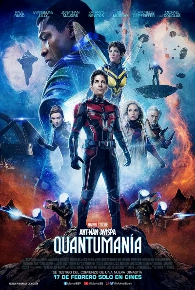 Michael Douglas, Michelle Pfeiffer, Paul Rudd, Kathryn Newton, Evangeline Lilly, Jonathan Majors, and Jamie Andrew Cutler in Ant-Man and the Wasp: Quantumania (2023)