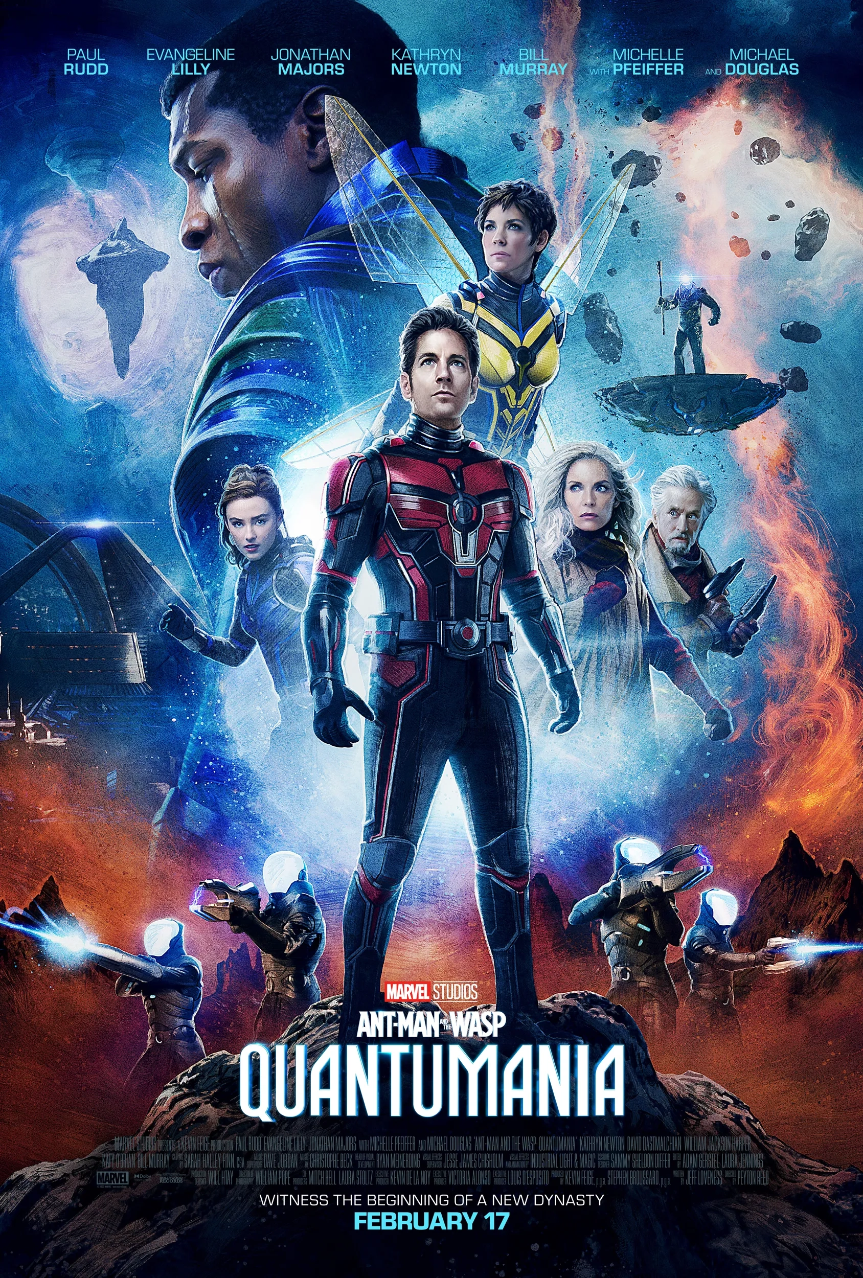 Michael Douglas, Michelle Pfeiffer, Paul Rudd, Kathryn Newton, Evangeline Lilly, Jonathan Majors, and Jamie Andrew Cutler in Ant-Man and the Wasp: Quantumania (2023)