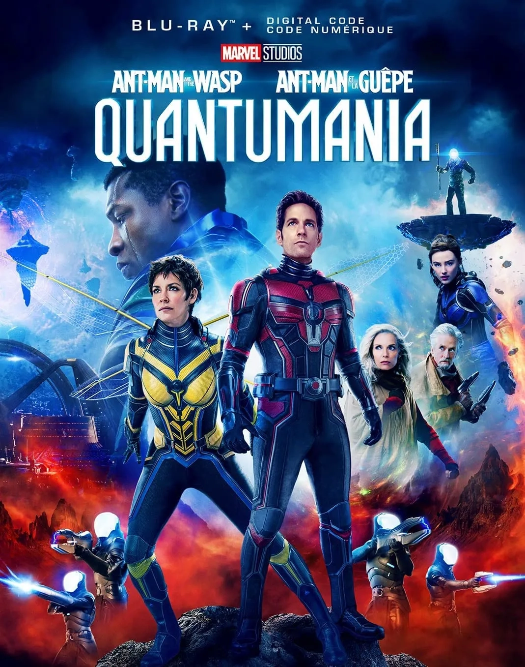 Michael Douglas, Michelle Pfeiffer, Paul Rudd, Kathryn Newton, Evangeline Lilly, Jonathan Majors, and Jamie Andrew Cutler in Ant-Man and the Wasp: Quantumania (2023)