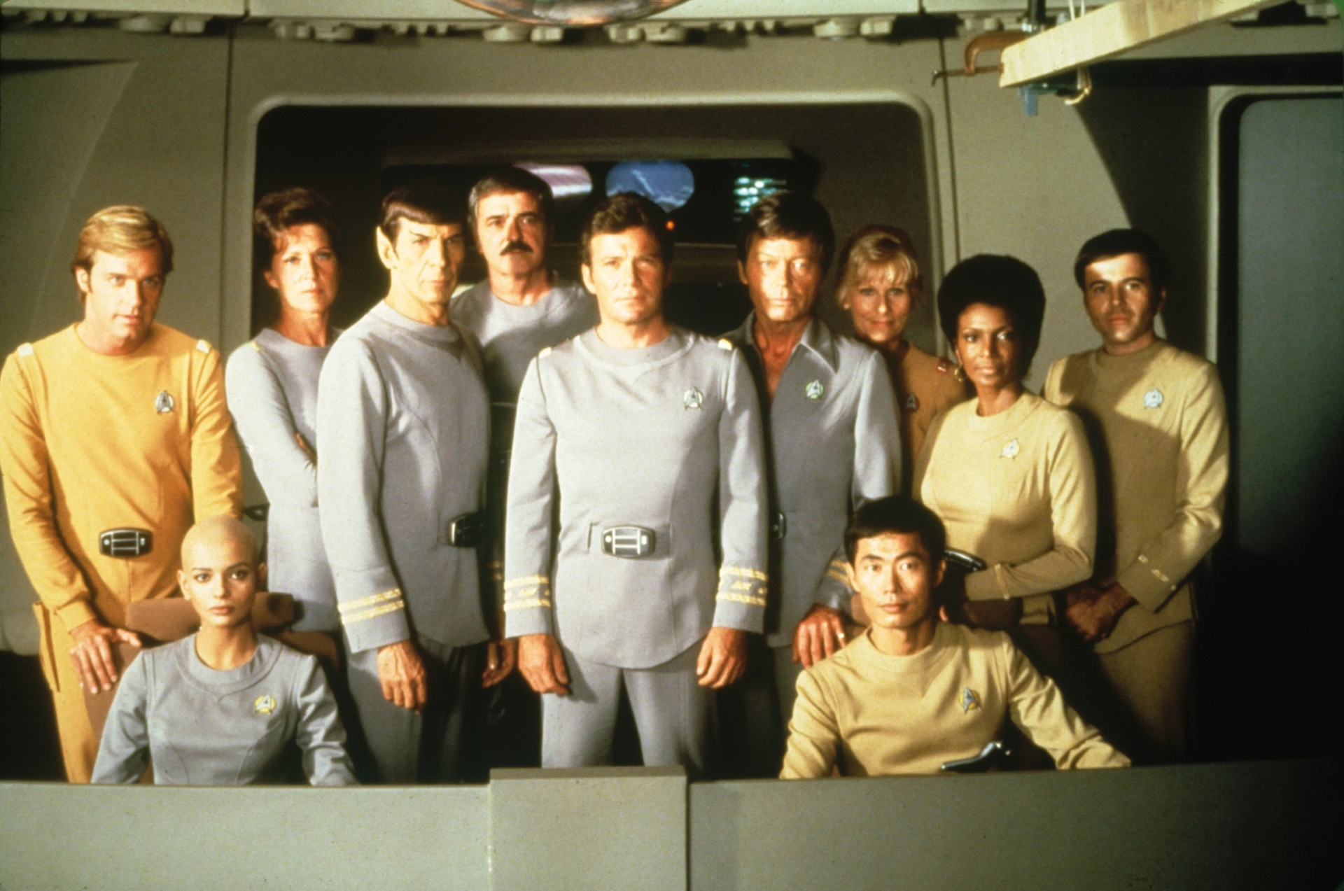 Walter Koenig, Leonard Nimoy, William Shatner, Majel Barrett, James Doohan, DeForest Kelley, Persis Khambatta, George Takei, Stephen Collins, Nichelle Nichols, and Grace Lee Whitney in Star Trek: The Motion Picture (1979)