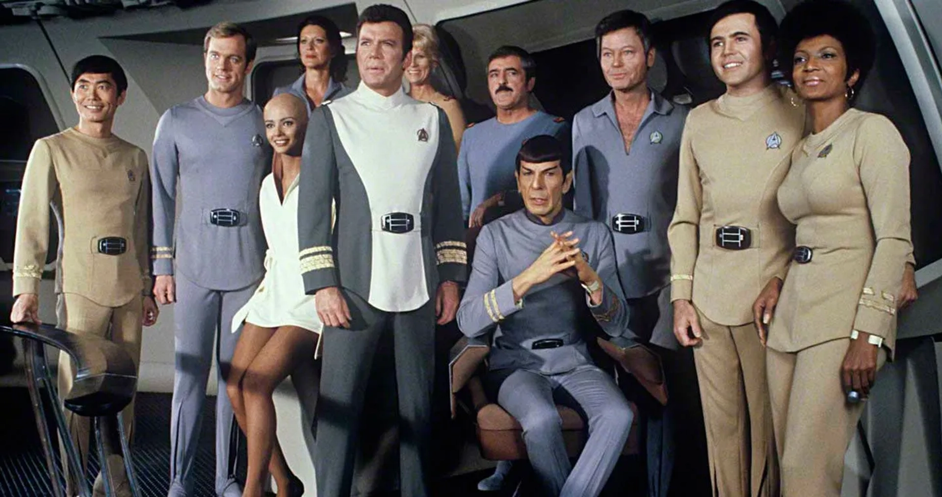 Leonard Nimoy, William Shatner, James Doohan, DeForest Kelley, Persis Khambatta, George Takei, Stephen Collins, and Nichelle Nichols in Star Trek: The Motion Picture (1979)