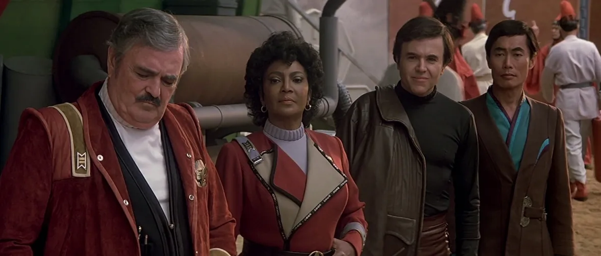 Walter Koenig, James Doohan, George Takei, and Nichelle Nichols in Star Trek IV: The Voyage Home (1986)