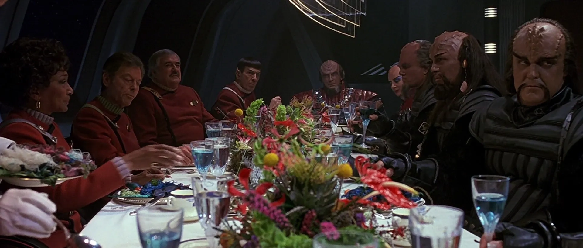 Leonard Nimoy, James Doohan, DeForest Kelley, David Warner, Rosanna DeSoto, and Nichelle Nichols in Star Trek VI: The Undiscovered Country (1991)