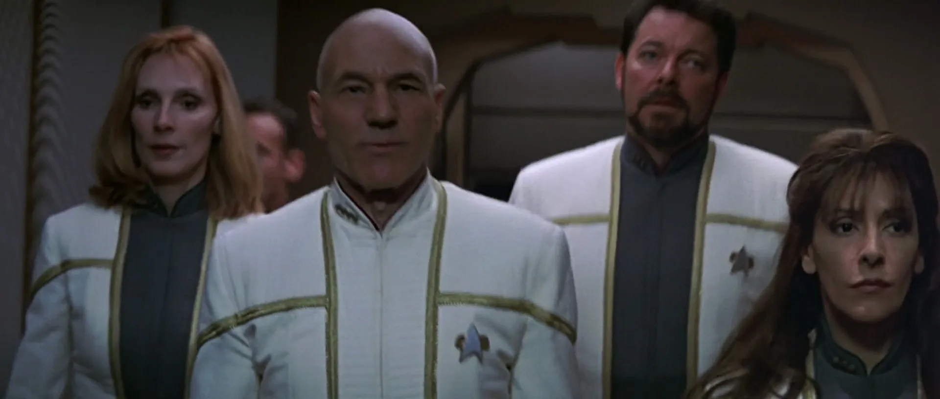 Jonathan Frakes, Gates McFadden, Marina Sirtis, and Patrick Stewart in Star Trek: Insurrection (1998)