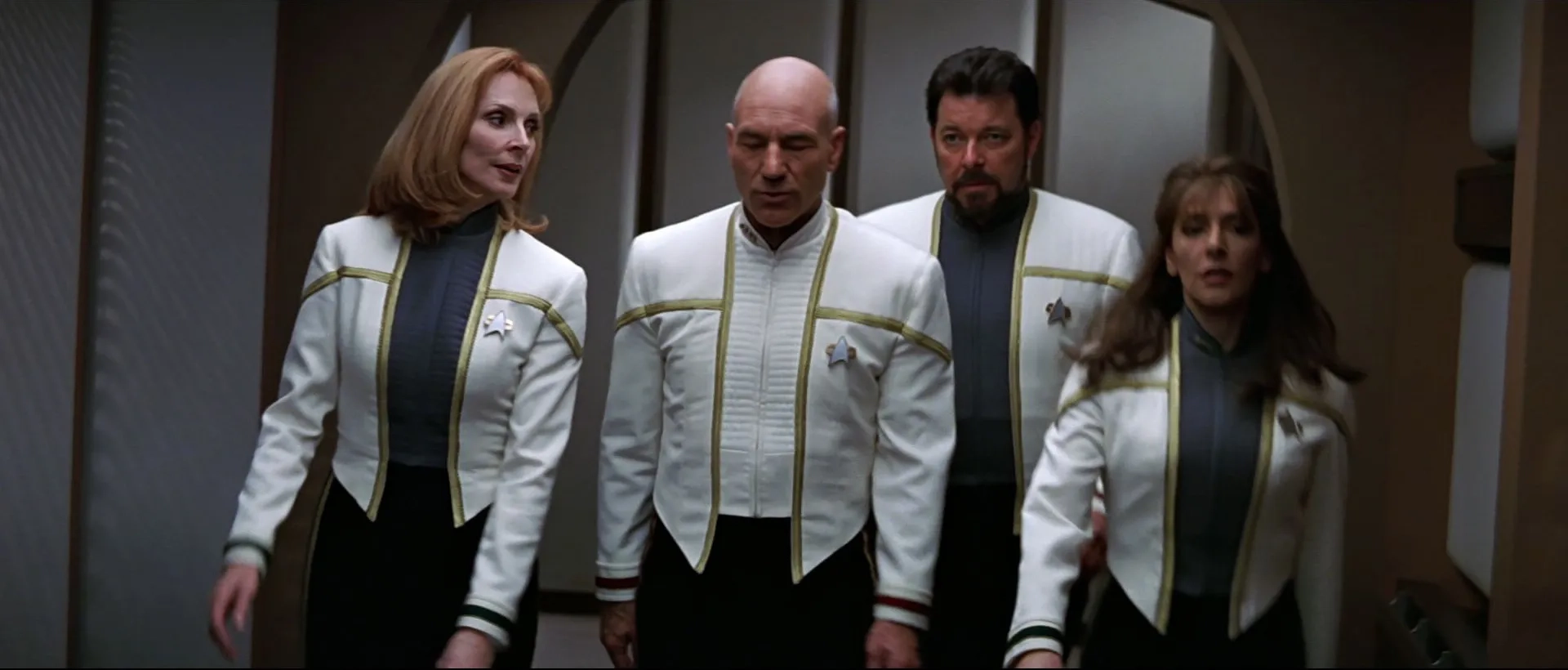 Jonathan Frakes, Gates McFadden, Marina Sirtis, and Patrick Stewart in Star Trek: Insurrection (1998)