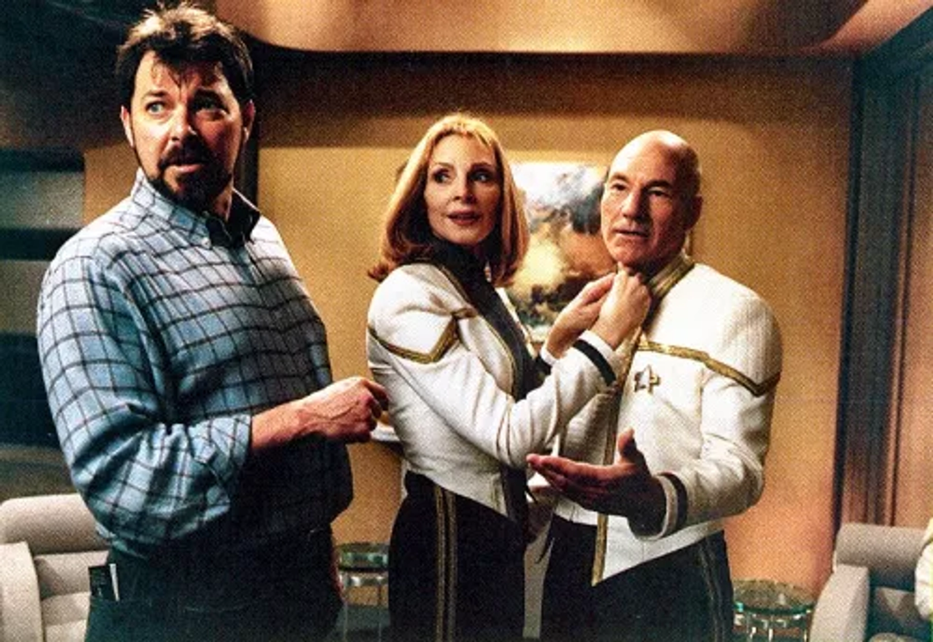 Jonathan Frakes, Gates McFadden, and Patrick Stewart in Star Trek: Insurrection (1998)