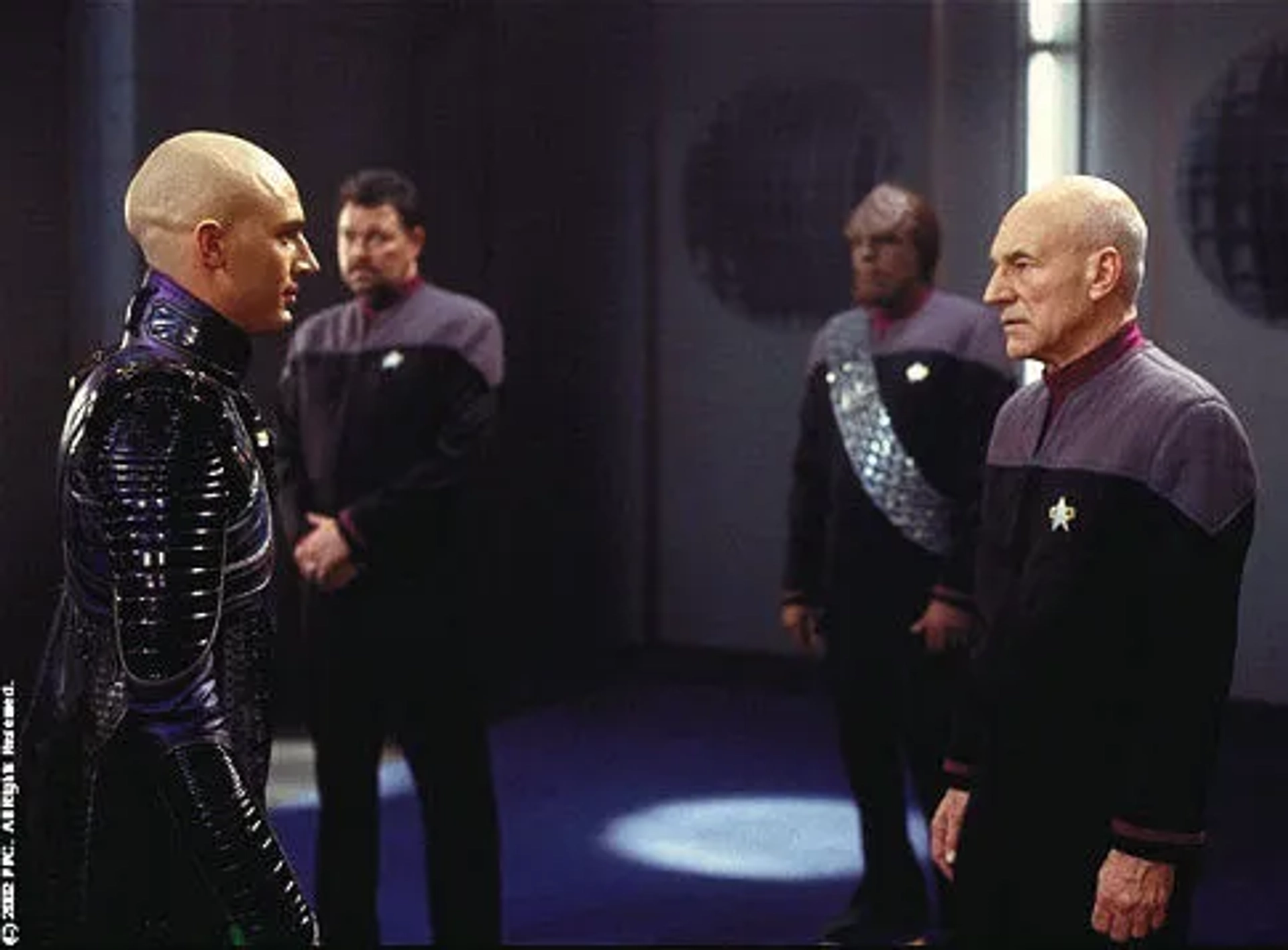 Michael Dorn, Jonathan Frakes, Patrick Stewart, and Tom Hardy in Star Trek: Nemesis (2002)