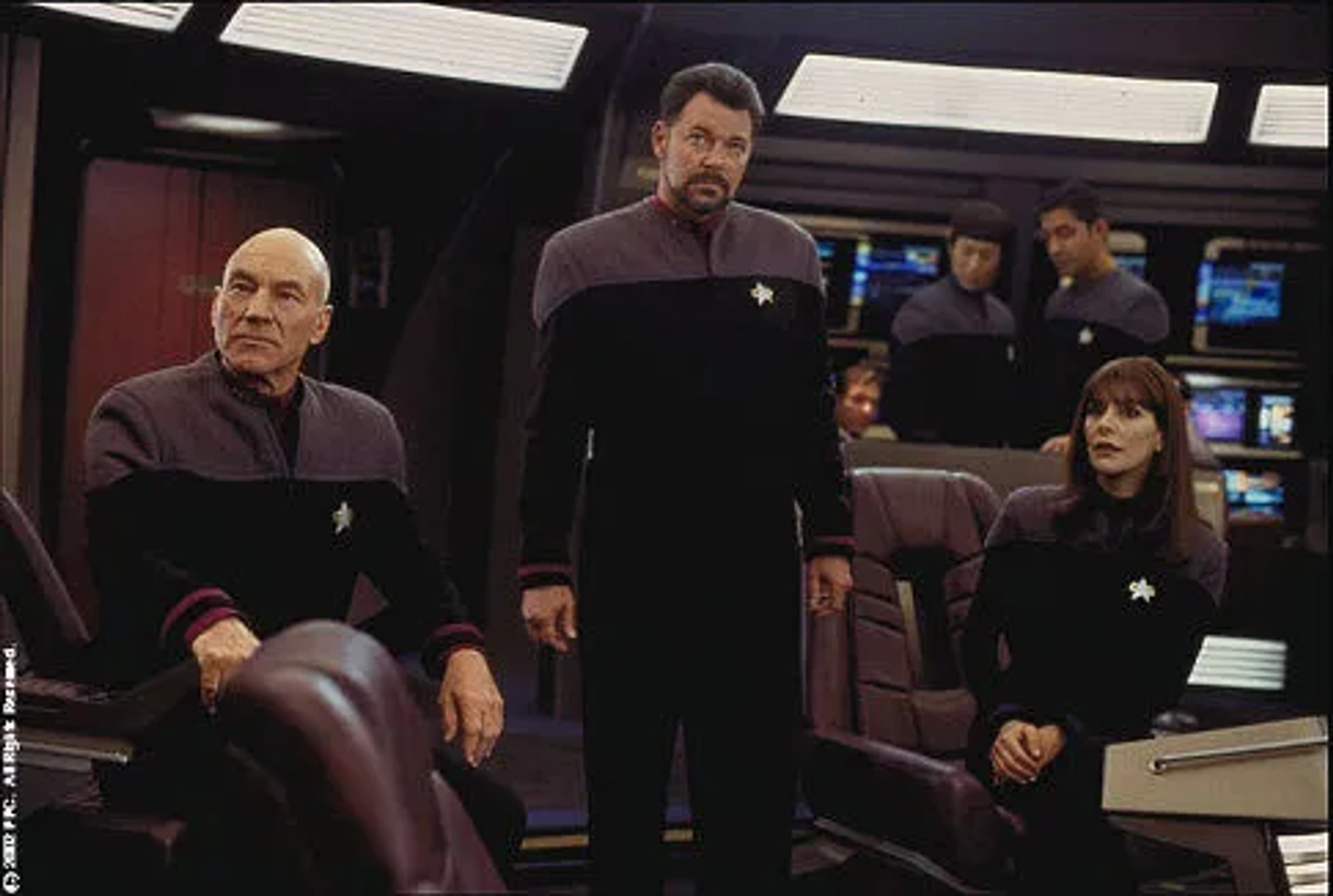 Jonathan Frakes, Marina Sirtis, and Patrick Stewart in Star Trek: Nemesis (2002)