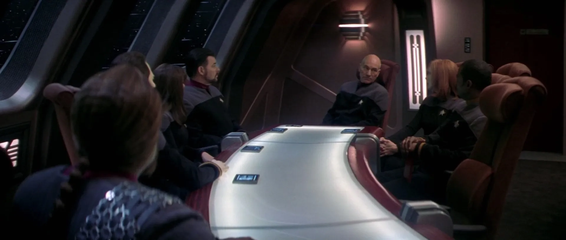 Michael Dorn, Jonathan Frakes, Gates McFadden, Marina Sirtis, Brent Spiner, LeVar Burton, and Patrick Stewart in Star Trek: Nemesis (2002)