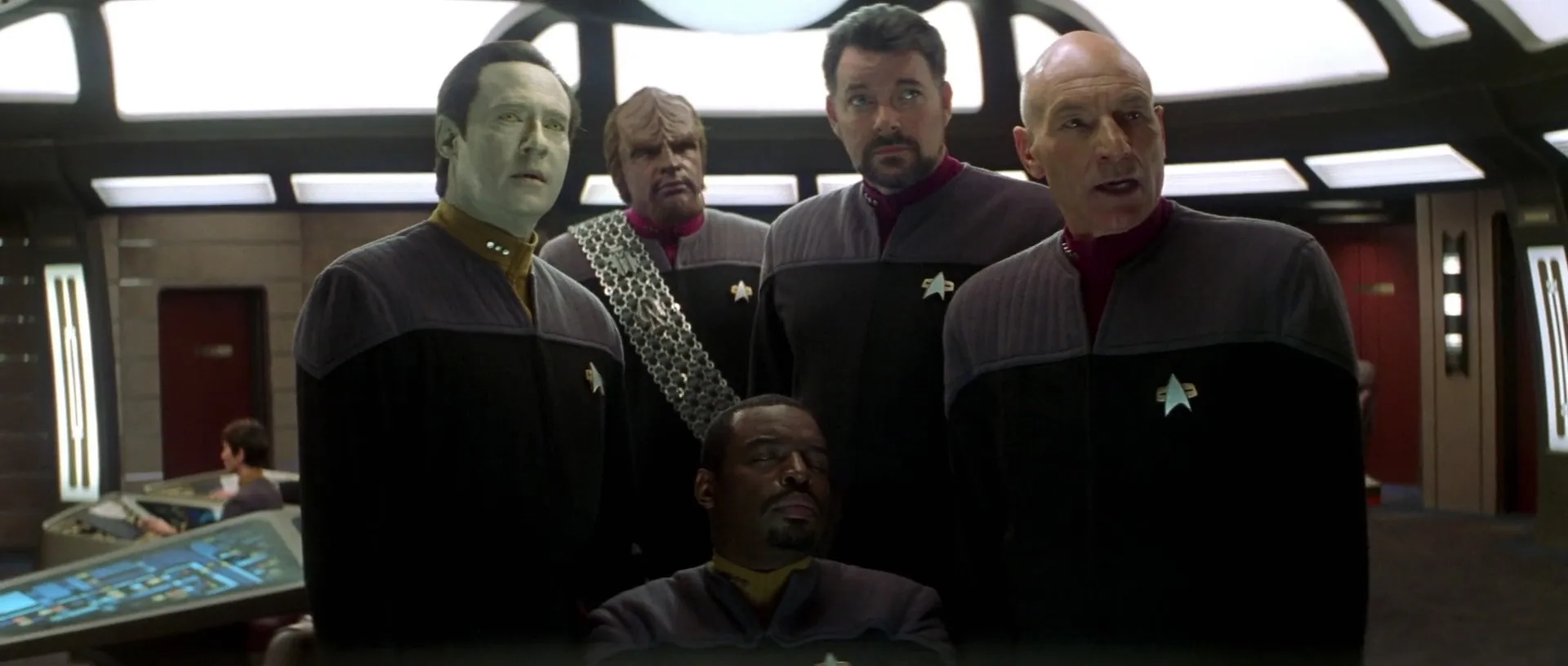 Michael Dorn, Jonathan Frakes, Brent Spiner, LeVar Burton, and Patrick Stewart in Star Trek: Nemesis (2002)