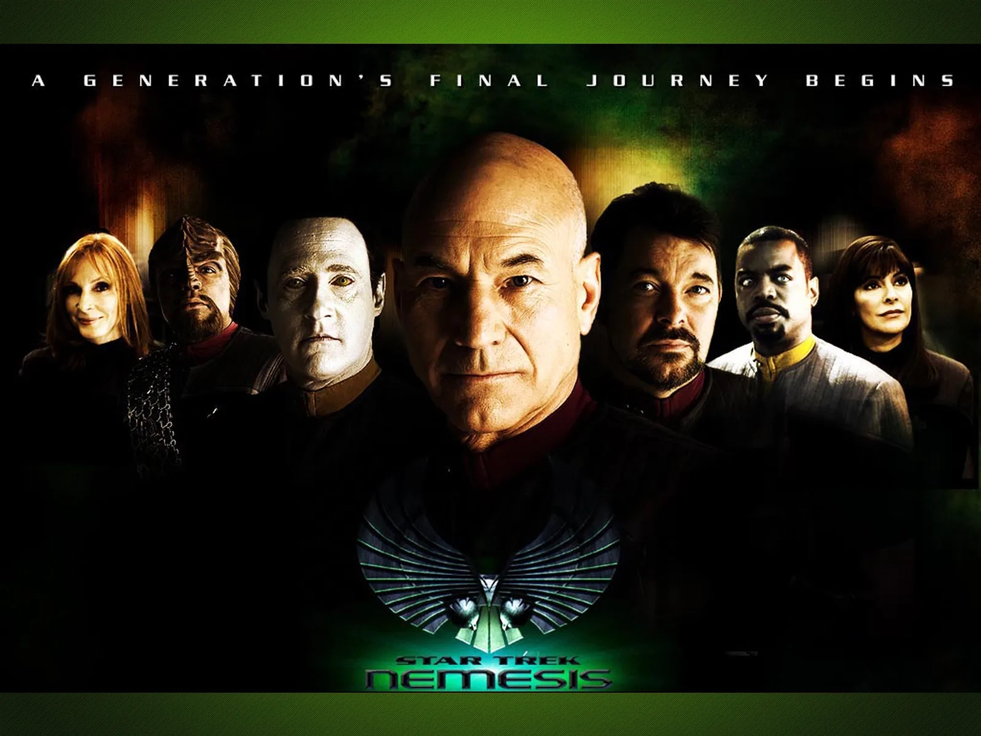 Michael Dorn, Jonathan Frakes, Gates McFadden, Marina Sirtis, Brent Spiner, LeVar Burton, and Patrick Stewart in Star Trek: Nemesis (2002)