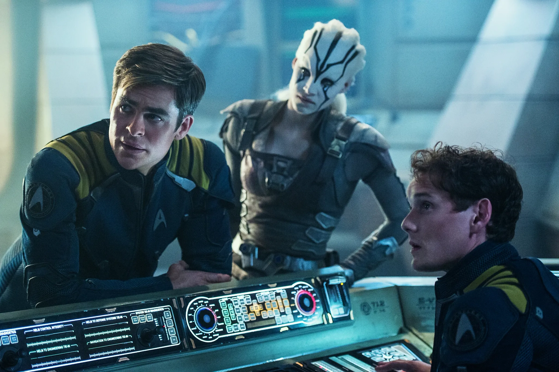 Anton Yelchin, Sofia Boutella, and Chris Pine in Star Trek Beyond (2016)