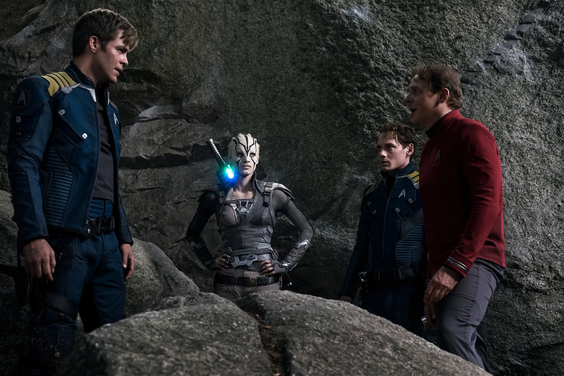 Simon Pegg, Anton Yelchin, Sofia Boutella, and Chris Pine in Star Trek Beyond (2016)