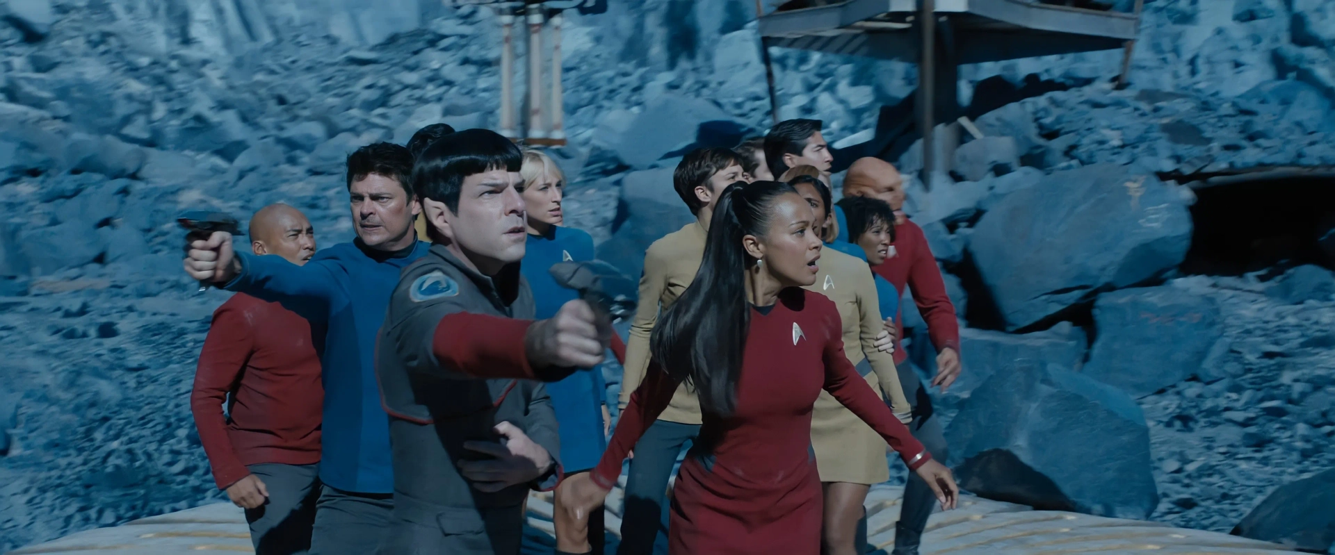 Zachary Quinto, Zoe Saldana, and Karl Urban in Star Trek Beyond (2016)