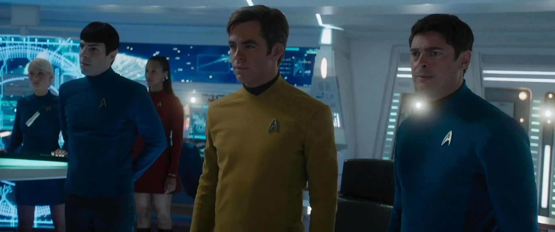 Zachary Quinto, Zoe Saldana, Karl Urban, and Chris Pine in Star Trek Beyond (2016)