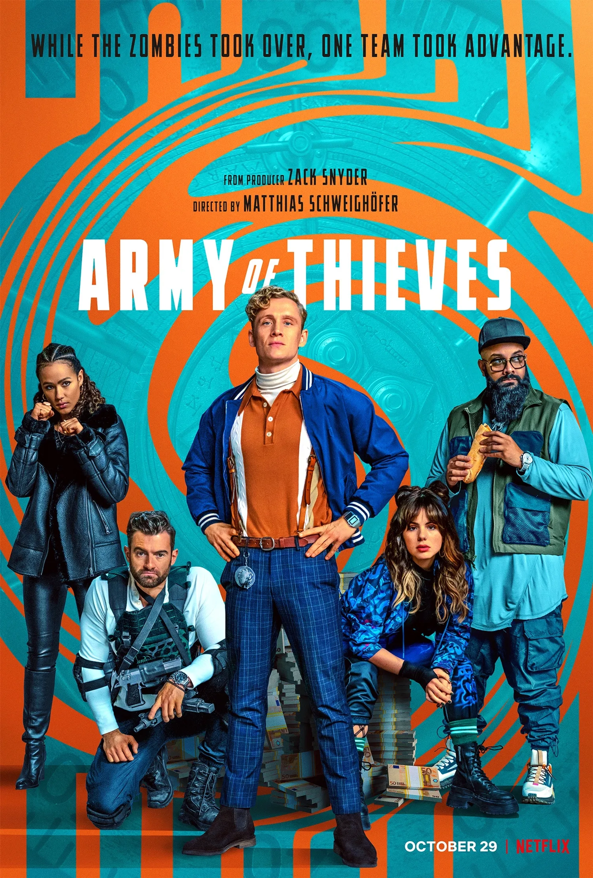 Matthias Schweighöfer, Nathalie Emmanuel, Ruby O. Fee, Stuart Martin, and Guz Khan in Army of Thieves (2021)