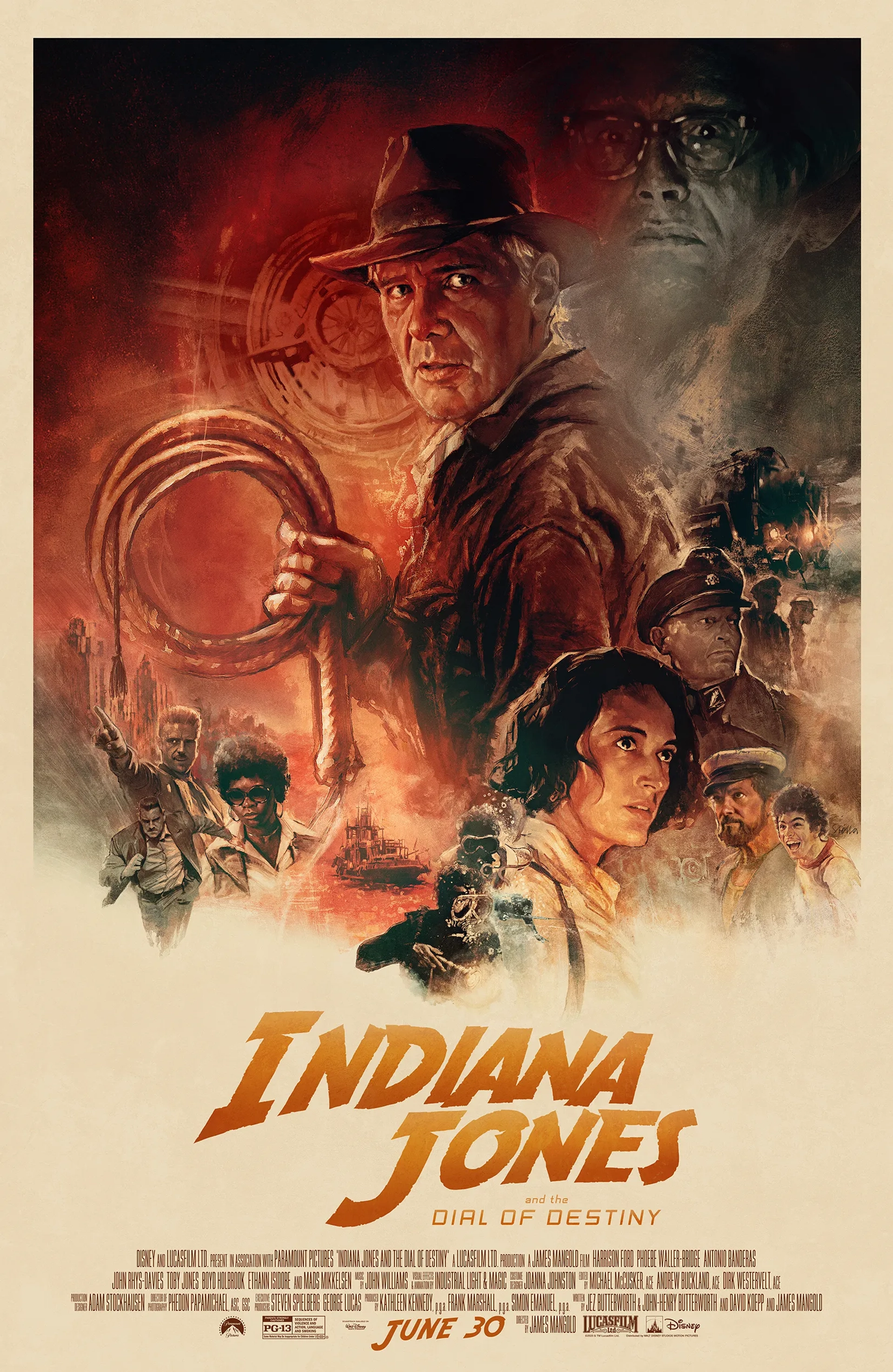 Antonio Banderas, Harrison Ford, Thomas Kretschmann, Mads Mikkelsen, Ethann Isidore, Phoebe Waller-Bridge, Olivier Richters, and Shaunette Renée Wilson in Indiana Jones and the Dial of Destiny (2023)