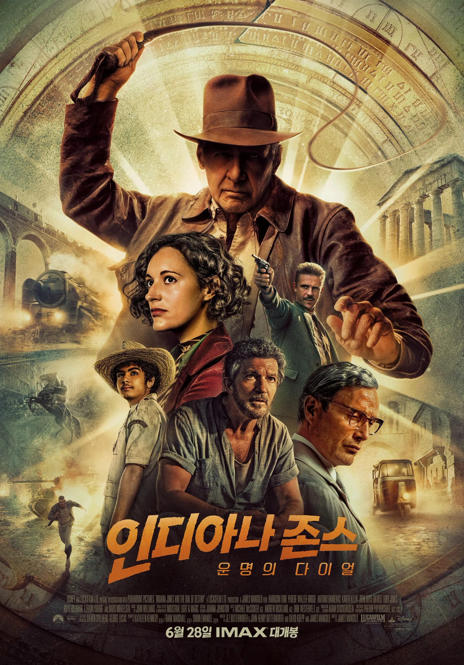 Antonio Banderas, Harrison Ford, Mads Mikkelsen, Ethann Isidore, Boyd Holbrook, and Phoebe Waller-Bridge in Indiana Jones and the Dial of Destiny (2023)