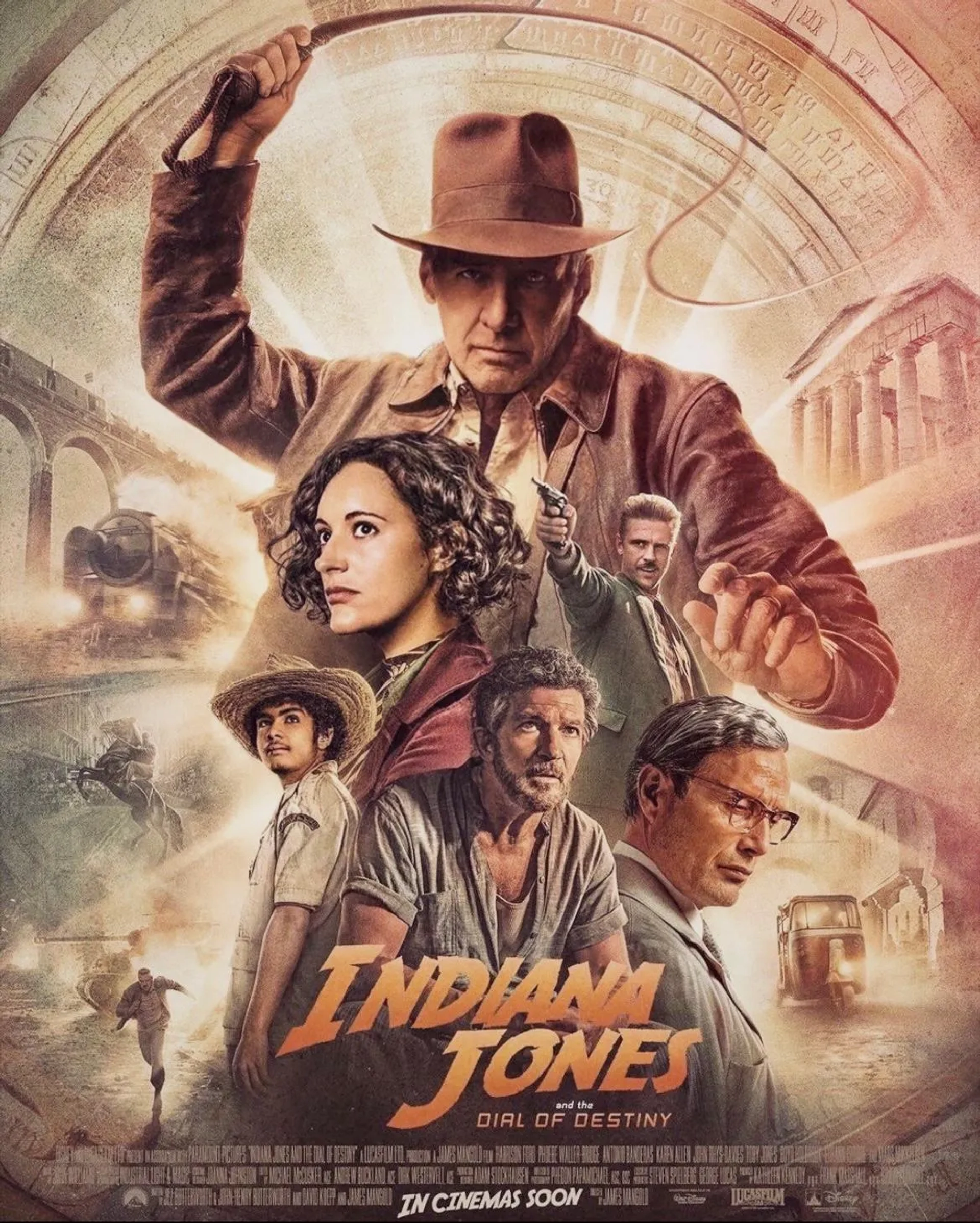 Antonio Banderas, Harrison Ford, Mads Mikkelsen, Ethann Isidore, Boyd Holbrook, and Phoebe Waller-Bridge in Indiana Jones and the Dial of Destiny (2023)