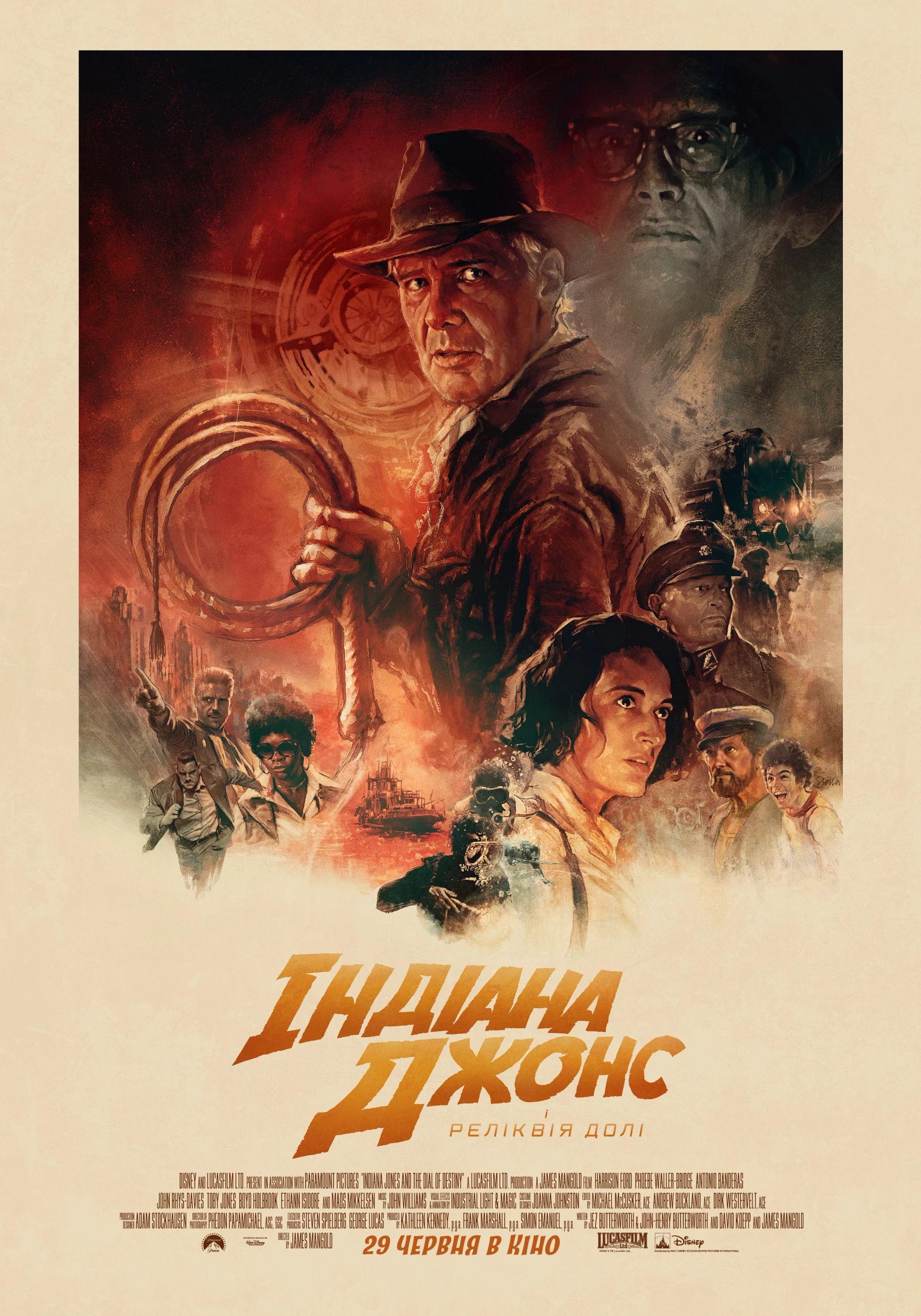 Antonio Banderas, Harrison Ford, Thomas Kretschmann, Mads Mikkelsen, Ethann Isidore, Boyd Holbrook, Phoebe Waller-Bridge, and Shaunette Renée Wilson in Indiana Jones and the Dial of Destiny (2023)