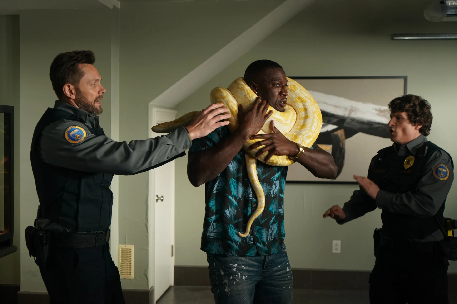 Joel McHale, Michael Rowland, and Stephen Adekolu in Animal Control (2023)