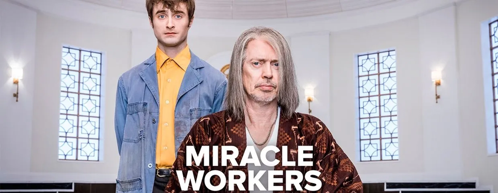 Steve Buscemi and Daniel Radcliffe in Miracle Workers (2019)