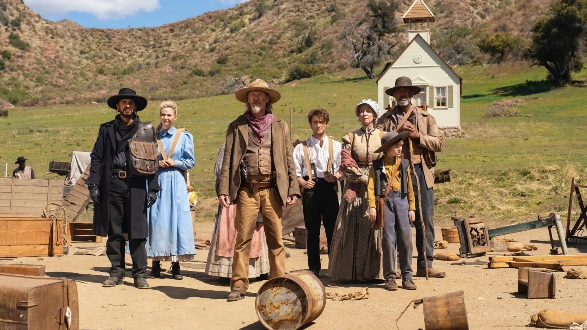 Steve Buscemi, Daniel Radcliffe, Tammy Dahlstrom, Lamont Thompson, Erin Darke, Karan Soni, and River Drosche in Miracle Workers: Oregon Trail: End of the Trail (2021)