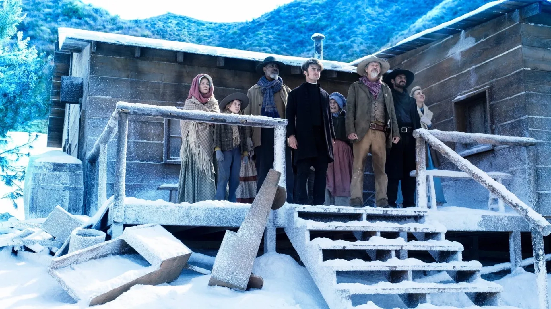 Steve Buscemi, Mary Anne McGarry, Daniel Radcliffe, Tammy Dahlstrom, Lamont Thompson, Erin Darke, Karan Soni, and River Drosche in Miracle Workers: Oregon Trail: Stranded (2021)